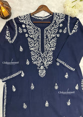 Adira Blue Cotton Chikankari Kurti - Plus Size